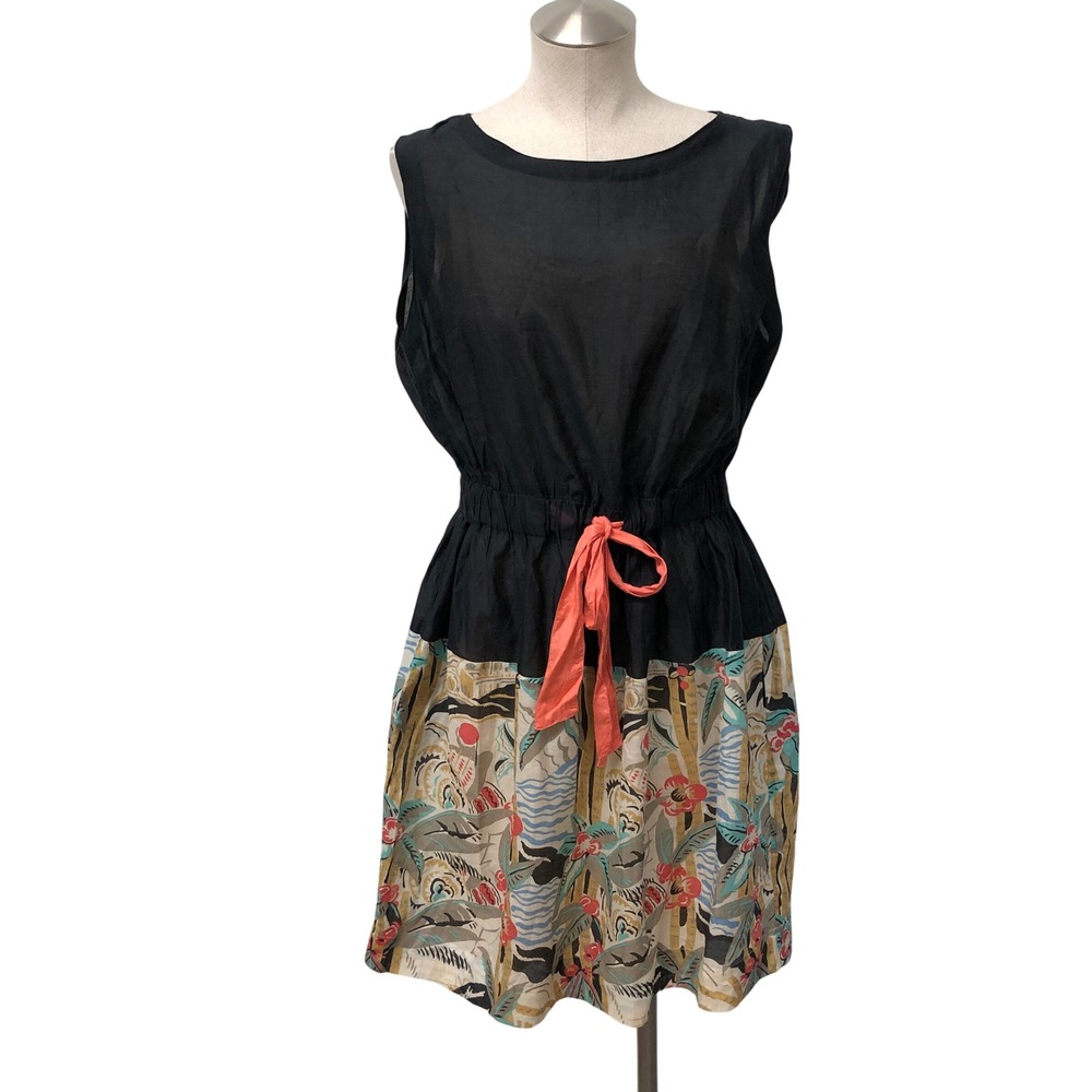 Hoss Intropia Dress Women Small Black Tropical Scenic Print Sleeveless Mini Slip